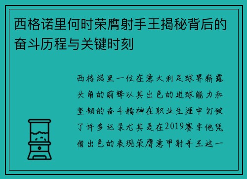 西格诺里何时荣膺射手王揭秘背后的奋斗历程与关键时刻